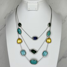 Chico&#39;s Faux Turquoise Triple Strand Silver Tone Station Necklace - £12.85 GBP