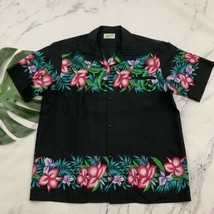 Helenas Mens Vintage Hawaiian Shirt Size L Black Pink Orchid Floral Trop... - $27.71