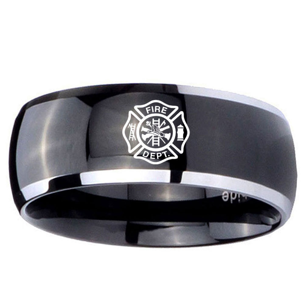 Fire Department Design 10mm Black Dome Tungsten Carbide Engraved Ring - $53.99