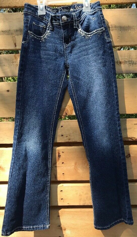 GIRLS SZ 10R JUSTICE PREMIUM BLING JEANS STRETCH BOOTCUT SIMPLY LOW MED.-DK BLUE - £15.65 GBP