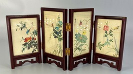 Antique Folding Screen Miniature Silk Painting Signed 4 Panel Song Bird Rosewood - £52.31 GBP