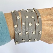 Wide Gray Faux Leather Rhinestone Studded Snap Cuff Bracelet Adjustable 7.5-8in - £10.35 GBP