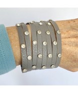 Wide Gray Faux Leather Rhinestone Studded Snap Cuff Bracelet Adjustable ... - £10.23 GBP
