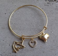 Gold Tone Metal Charm Bangle Bracelet Dove Rhinestone Puffy Heart Expandable - £8.69 GBP