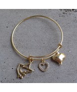 Gold Tone Metal Charm Bangle Bracelet Dove Rhinestone Puffy Heart Expand... - £8.59 GBP