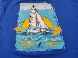 Nautica Large Blue T Shirt Front Back Open Seas Since 1983 Ship Island - £13.31 GBP