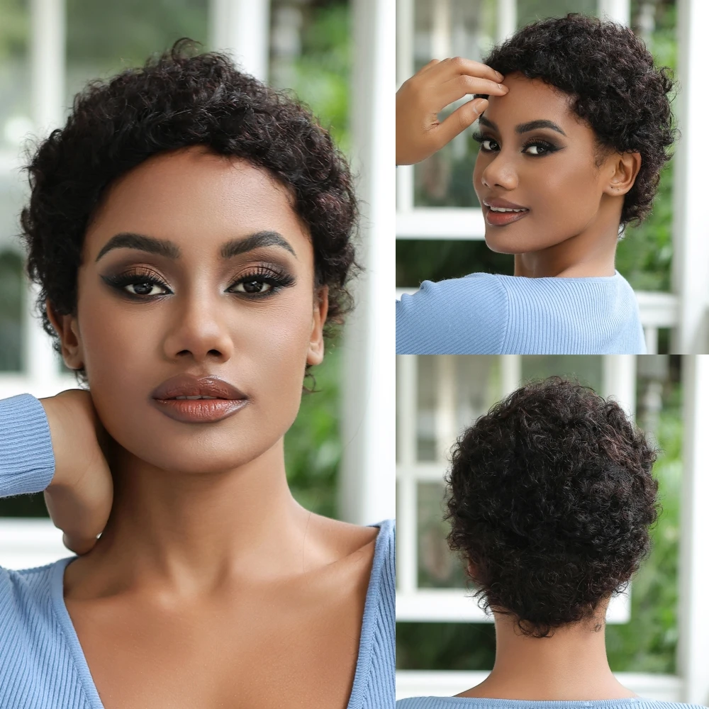 Kinky Curly Wigs Short Pixie Cut Wigs for Black Women Human Hair Brazili... - £44.24 GBP