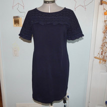 Talbots Size M Dark Blue Lace Midi Dress Cotton A Line Ruffled Boho India - £18.90 GBP