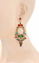 3.5" Long Multicolor Rhinestones Enamel Flowers Colorful Chandelier Earrings  - $19.00