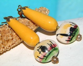 Vintage Peru Earrings Ceramic Beads Dangle Llama Yellow Hand Painted - £15.65 GBP