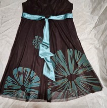 Jessica Howard Woman Dress Size 14 A Line Dress Brown With Teal Flowers And Sash - £12.35 GBP