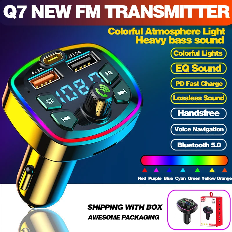 Car Bluetooth 5.0 Charger FM Transmitter PD 18W Type-C Dual USB 3.1A Colorful - £12.60 GBP