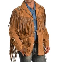 Men  #Handmade Scully Western wear Brown Suede Leather Jacket Fringe Bead &amp; Bone - £125.29 GBP