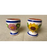 2 Handcrafted In Portugal Flower Design Clay Egg Cups - $19.83