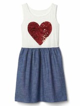 Gap Kids Girl Chambray Colorblock White Blue Red Heart Sequin Tank Dress 12 - £15.79 GBP