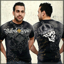 Rebel Spirit Skull Crown Rhinestones Metal Studs Mens Crew T-Shirt Black NEW XL - £47.40 GBP