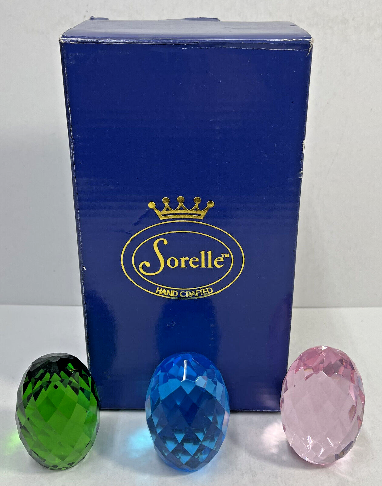 Primary image for Set of 3 Sorelle Hand Crafted Crystal Easter Eggs -Green, Pink, Blue 2-1/5" Tall