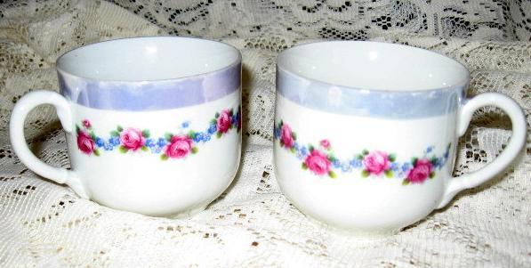 P&K-Unity-Teacups ONLY-Transferware Roses/Violets-Porcelain-Set of 2-Germany - $14.00