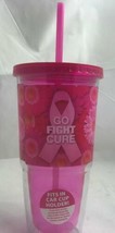 GO FIGHT CURE  PINK 20 OZ BPA FREE PLASTIC REUSABLE CUP &amp; STRAW - £7.42 GBP