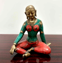 Vintage Bronze Maya Devi Statue, Turquoise and Coral Inlay - $4,721.11 MXN