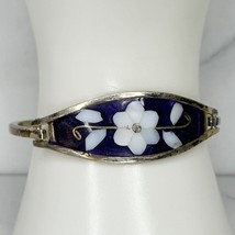 Vintage Silver Tone Mother of Pearl Shell Flower Inlay Hinge Bangle Brac... - £19.70 GBP