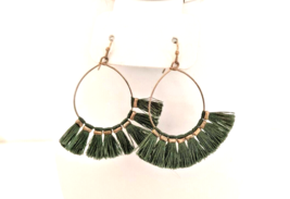 Whimsical Sage Green Fringe Women&#39;s Earrings Gold Tone Hoops 2x2 inches - £6.21 GBP