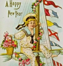 New Years Postcard Navy Sailor Boy CAD Hat Cap Embossed Flags Antique Unused - £23.18 GBP