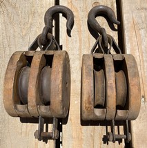 Pair Large Vtg Double Block &amp; Tackle Pulley Wooden 13&quot; Anvil Hook Pulley... - £41.06 GBP