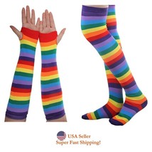 Rainbow Stripes Knee High Leg Stocking Fingerless Gloves Set - £7.94 GBP