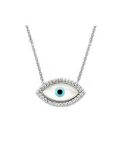Mother of Pearl Evil Eye Sterling Silver Clear CZ Pave Charm Chain Necklace 16&quot; - £32.47 GBP