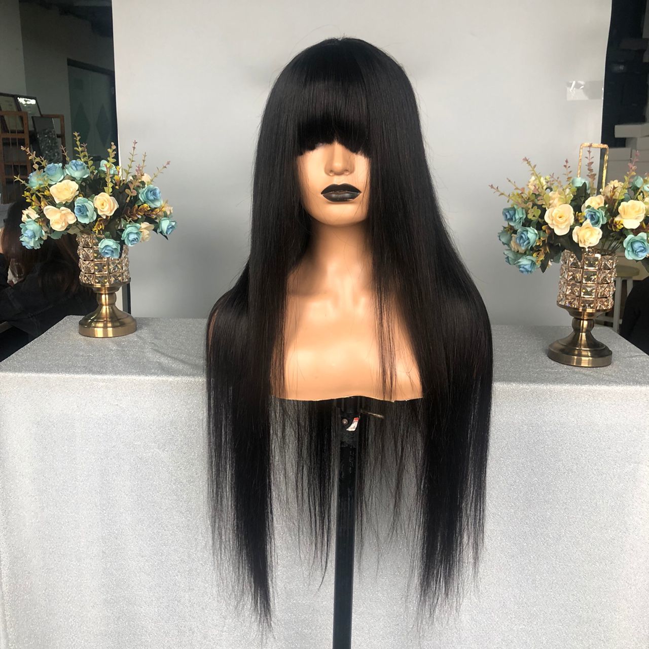 Primary image for Silky Straight Brazilian human hair lace front wig with bangs 180% density wig