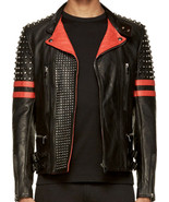 NEW MEN’S LIKOL BACK RED HALF SILVER STUDDED STRIPES BIKER LEATHER JACKET - $232.49 CAD