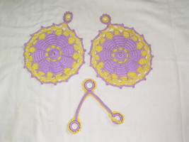 2 Purple Yellow Vintage crocheted Potholders w hanger - £7.07 GBP
