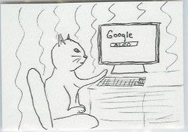 Curious Cat at Computer Googleing drawing OOAK ACEO - $10.00