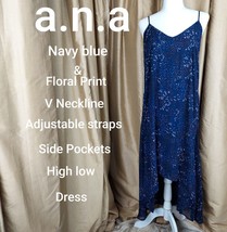 a.n.a Navy Blue Floral Print Pockets High Low Dress Size M - £15.73 GBP