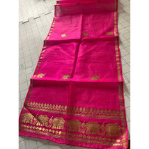 Women Hand Woven Pink with Gold Elephants Pure Silk Scarf Made in India - £11.93 GBP