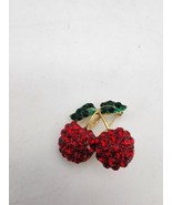Red Rhinestone Cherries Green Rhinestone Leaves VTG BROOCH Signed 2011 FL - $666.19 MXN