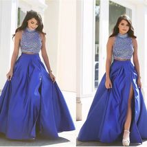 Blue A-line Taffeta Slit Maxi Skirt Women Plus Size High Rise Party Prom Skirt image 1