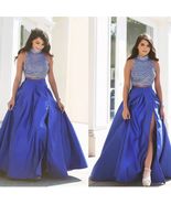 Blue A-line Taffeta Slit Maxi Skirt Women Plus Size High Rise Party Prom... - $89.99