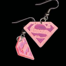 Funky Pink Supergirl EARRINGS-Super-Hero Logo Charm Novelty Diva Costume Jewelry - £4.73 GBP