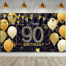 Happy 90th Birthday Backdrop Banner Extra Large Black And Gold Decorations NEW - £9.64 GBP