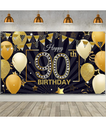 Happy 90th Birthday Backdrop Banner Extra Large Black And Gold Decoratio... - £9.69 GBP