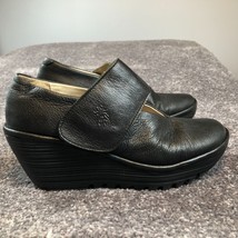 Fly London Mary Jane Shoes Yasi EU 38 US 7-7.5 Black Leather Platform Wedge - £43.35 GBP