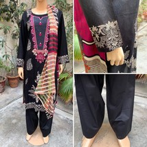 Pakistani Black Printed Straight Shirt 3-PCS Lawn Suit w/ Threadwork ,L#2 - $52.48
