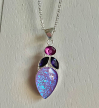 Triplet Fire Opal Tanzanite Pendant 925 Stamped Sterling Silver Necklace Fantasy - £50.55 GBP