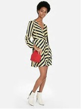 Express Women Yellow Striped V-neck Long Sleeve Elastic Waist Mini Dress XS S M - £31.63 GBP