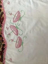 Vintage Embroidered Crocheted Linen Queen Pillowcase - £6.33 GBP