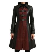 Gothic Black Burgundy Leather Trench Coat  Buckle Duster Vampire Cosplay... - $285.00