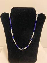 Evil eye necklace blue seed beads summer handmade choker - £15.84 GBP