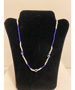 Evil eye necklace blue seed beads summer handmade choker - $27.61 CAD